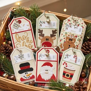 May include: Six rectangular gift tags with pockets, each featuring embroidered holiday designs including a snowman, Santa, reindeer, gingerbread person, and a cocoa cup. Each tag has a metal ring with a charm and a card labelled Merry.