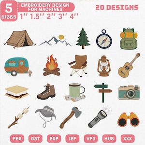 May include: A collection of 20 camping-themed embroidery designs for machines. Designs include a tent, mountains, a compass, a backpack, a camper, a campfire, a chair, a lantern, a guitar, a s'more, a boot, a mug, a signpost, a camera, a marshmallow on a stick, a hat, an axe, a flashlight, and binoculars. Sizes range from 1" to 4".