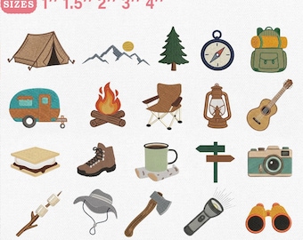 Paquete de mini iconos de camping, archivo de máquina de campamento de verano, senderismo al aire libre, autocaravana, Pes Dst Jef Vp3