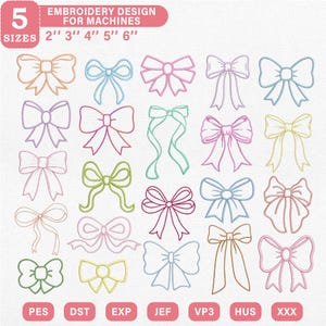 Pode incluir: Uma coleção de designs de bordado à máquina com laços em várias cores e estilos. Os designs estão disponíveis em cinco tamanhos: 5 cm, 7.6 cm, 10.2 cm, 12.7 cm e 15.2 cm. A imagem inclui o texto "EMBROIDERY DESIGN FOR MACHINES" e abreviações de tipos de arquivo.