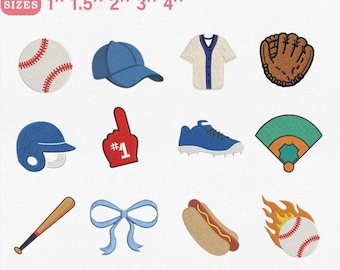 Mini Baseball Icons Machine Embroidery Design, Cap Bat Glove Helmet Finger Hotdog, Pes Dst Jef Vp3 | Instant Download