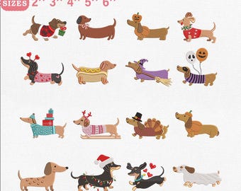 May include: A collection of sixteen dachshund embroidery designs for machines in 2", 3", 4", 5", and 6" sizes. The dogs are depicted in various seasonal outfits, including holiday sweaters, costumes, hats, and accessories like pumpkins and balloons.