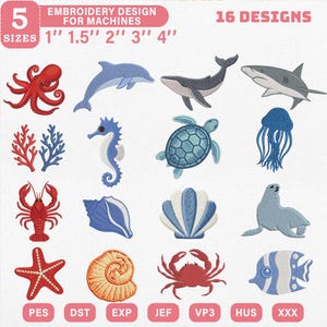 Puede incluir: Un conjunto de 16 diseños de bordado a máquina con criaturas marinas: pulpo, delfín, ballena, tiburón, caballito de mar, tortuga, medusa, langosta, concha, foca, estrella de mar, cangrejo y pez. Disponibles en 5 tamaños, de 2.5 cm a 10 cm.