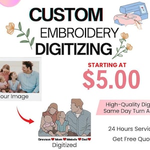 May include: Custom embroidery digitizing service advertisement. The image features the text "CUSTOM EMBROIDERY DIGITIZING" with a family photo and a digitized family portrait. Additional text includes "STARTING AT $5.00", "High-Quality Digitizing Same Day Turn Around", "24 Hours Service", and "Get Free Quote".