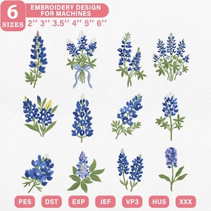 May include: A digital collection of twelve bluebonnet flower embroidery designs for machines, featuring various arrangements of blue and purple blossoms with green leaves. Text includes 6 SIZES 2" 3" 3.5" 4" 5" 6" and file formats PES, DST, EXP, JEF, VP3, HUS, XXX.