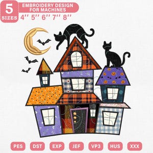 Haunted House Applique Embroidery Design | Spooky Cat and Moon Digital File | Stipple Halloween Bat Patch PES JEF VP3