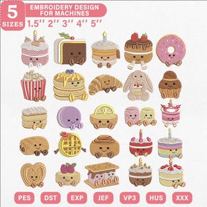 Puede incluir: Un conjunto de diseños de bordado digital con veinticinco alimentos antropomórficos lindos, incluyendo pasteles, donas, waffles y pasteles con caras sonrientes. El texto dice 5 TAMAÑOS 1.5" 2" 3" 4" 5" y lista formatos PES, DST, EXP, JEF, VP3, HUS, XXX.