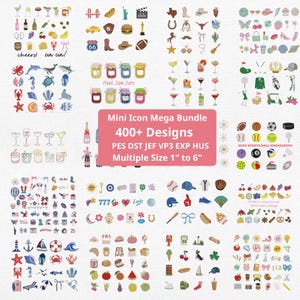Op de afbeelding: Een digitale collectie van meer dan 400 borduurontwerpen met diverse mini-iconen, waaronder thema's rondom eten, sport, nautische elementen en seizoenen. Een centraal roze vak toont de tekst Mini Icon Mega Bundle 400+ Designs PES DST JEF VP3 EXP HUS Multiple Size 2,5cm to 15cm.