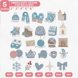 Peut inclure: Un ensemble de motifs de broderie numérique comprenant 25 icônes sur le thème de l'hiver : bonnet, écharpe, moufles, chaussettes, bougies, patins, bottes, pull, couverture, lanterne, chaussons, enveloppe, pelote, boule à neige, cheminée, théière, fauteuil, tasse, bonhomme de neige, flocon, baies, cœur, étoile et nœud. Texte : 5 SIZES 2" 3" 4" 5" 6" EMBROIDERY DESIGN FOR MACHINES.