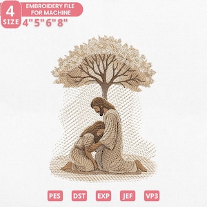 Könnte beinhalten: Eine Stickdatei für die Maschine, die eine religiöse Szene mit zwei Figuren unter einem Baum darstellt. Das Design enthält den Text "EMBROIDERY FILE FOR MACHINE" und Größenoptionen von 10, 13, 15 und 20 cm. Die Dateiformate umfassen PES, DST, EXP, JEF und VP3.