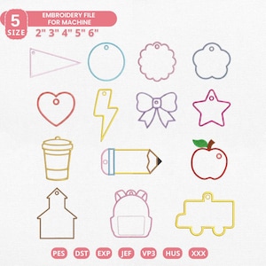 May include: An assortment of machine embroidery designs in various shapes, including a heart, star, and bow, with the text "EMBROIDERY FILE FOR MACHINE" and sizes from 2" to 6". The designs are in multiple colors and include a pencil, apple, and backpack.