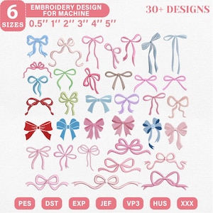 Pode incluir: Uma coleção de designs de bordado com vários estilos de laços em várias cores, incluindo rosa, azul e vermelho. Os designs estão disponíveis em seis tamanhos, variando de 1,27 cm a 12,7 cm. A imagem também inclui o texto "EMBROIDERY DESIGN FOR MACHINE" e "30+ DESIGNS".