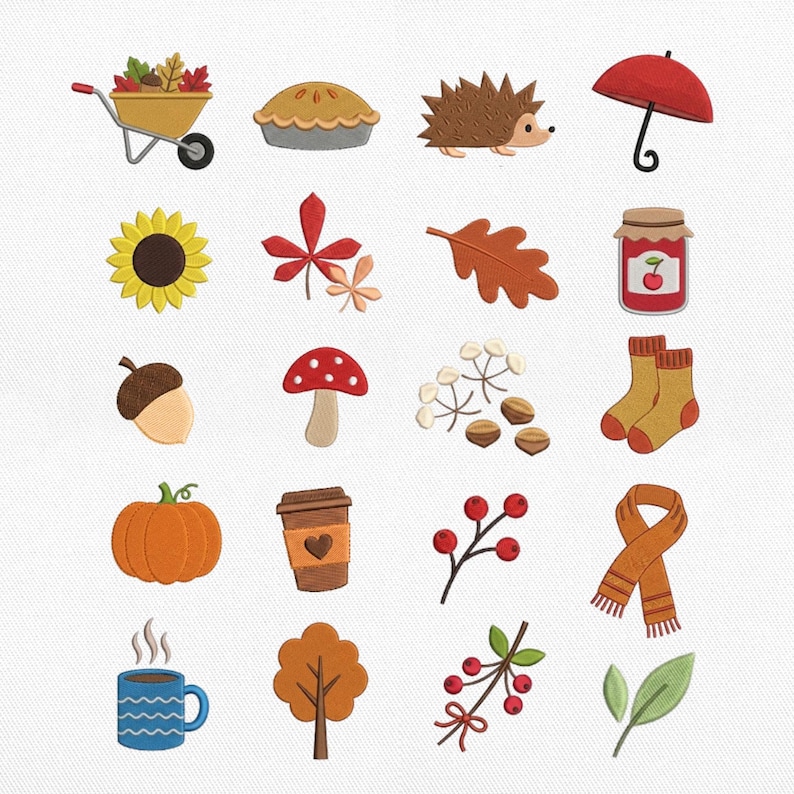 May include: A collection of twenty embroidered patches featuring autumn-themed icons including a wheelbarrow, pie, hedgehog, red umbrella, sunflower, leaves, jam jar, acorn, mushroom, nuts, socks, pumpkin, coffee cup, berries, scarf, and mug.