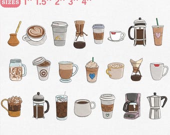 Coffee Embroidery Bundle, Espresso Latte French Press Moka Pot Machine File, Digital File, Instant Download, Pes Dst Jef Vp3
