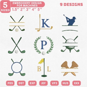 May include: An embroidery design set for machines featuring nine golf-themed designs. The designs include golf clubs, golf balls, and a golfer silhouette. The set includes five sizes: 1.5", 2", 3", 4", and 5". The image also displays the text "EMBROIDERY DESIGN FOR MACHINES".