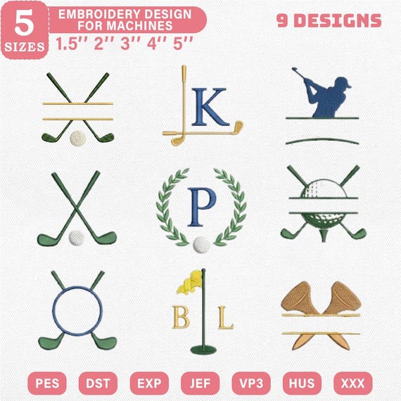 Golf Monogram Bundle Embroidery Design, Split Letter Sports Name Frame Machine File, Pes Dst Jef Vp3