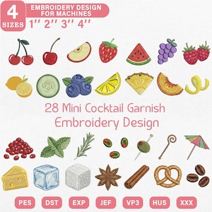 Puede incluir: Un conjunto de diseños de bordado con 28 mini diseños de guarnición de cócteles, que incluyen frutas, hierbas y otros elementos decorativos. Los tamaños de los diseños son 2,5 cm, 5 cm, 7,6 cm y 10,2 cm para máquinas de bordar.