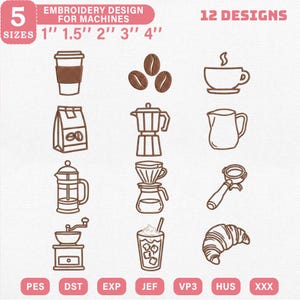 May include: An embroidery design set for machines featuring 12 coffee-themed designs. Includes a coffee cup, beans, a coffee maker, and a croissant. The designs come in 5 sizes, ranging from 1" to 4".