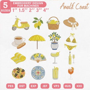 Könnte beinhalten: Stickmuster-Set mit Motiven zum Thema Amalfi-Küste. Enthält einen gelben Roller, Zitronen, einen Korb mit Zitronen, einen Sonnenhut, eine Tasse Kaffee, einen gelben Sonnenschirm, einen Zitronenbaum, einen Bikini, ein gerolltes Handtuch, einen Fächer, einen Cocktail, eine Weinflasche, einen Teller mit Essen, einen dekorativen Teller, ein Glas Limonade und einen Cocktail. Die Größen sind 2,5 cm, 3,8 cm, 5 cm, 7,6 cm und 10,2 cm.