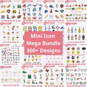 May include: A collection of embroidery designs featuring various icons, including food, sports equipment, and travel symbols. The image includes the text "Mini Icon Mega Bundle 300+ Designs". The designs are in various sizes, from 1" to 4".