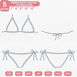 May include: An embroidery design for a lingerie set, including a bra, thong, and a separate string. The design is in a light blue color with scalloped edges and bow details. The image includes the text "EMBROIDERY DESIGN FOR MACHINE" and sizes from 7" to 12".