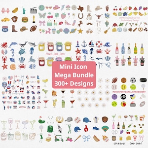 Paquete de mini iconos para bordado (más de 300 diseños), archivo de bordado de verano con temática de animales marinos y deportes, archivo de bordado del 4 de julio con temática de rodeo en Texas, descarga instantánea.
