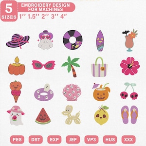 May include: A digital collection of 20 summer-themed embroidery designs featuring ghosts, pumpkins, tropical flowers, palm trees, and beach accessories. Text includes 5 SIZES 1" 1.5" 2" 3" 4" and file formats PES, DST, EXP, JEF, VP3, HUS, XXX.