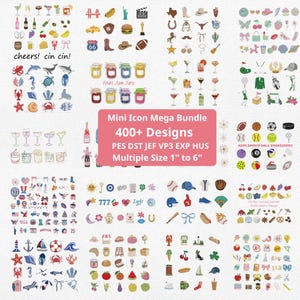 Pacote de Mini Ícones para Bordado, mais de 400 desenhos, Coquetel de Verão, Animais Marinhos, Esportes, 4 de Julho, Texas (Download Instantâneo)