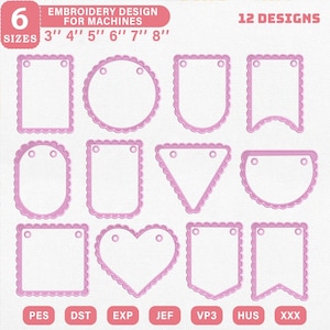 Op de afbeelding: Roze borduurontwerpen voor machines in verschillende vormen, waaronder rechthoeken, cirkels en harten. De ontwerpen zijn verkrijgbaar in 6 maten, variërend van 7,6 cm tot 20,3 cm. De afbeelding toont ook de tekst "EMBROIDERY DESIGN FOR MACHINES" en "12 DESIGNS".