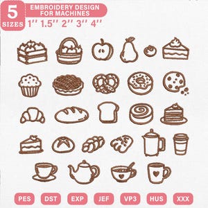 Puede incluir: Una colección de diseños de bordado de contorno marrón para máquinas con iconos de comida y bebida. El texto dice 5 SIZES 1" 1.5" 2" 3" 4" EMBROIDERY DESIGN FOR MACHINES con formatos de archivo PES, DST, EXP, JEF, VP3, HUS, XXX.