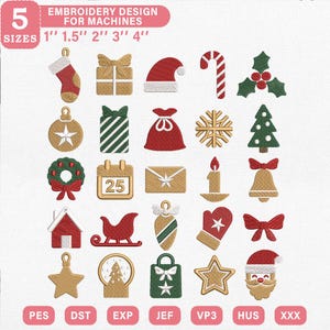 May include: A collection of twenty-five Christmas-themed embroidery designs for machines, including a stocking, gift boxes, Santa hat, candy cane, holly, ornaments, tree, snowflake, calendar, envelope, candle, bell, wreath, sleigh, mitten, bow, star, and Santa face.