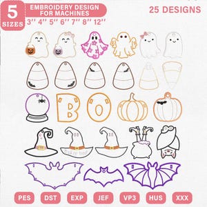 Peut inclure: Un ensemble de 25 motifs de broderie machine sur le thème d'Halloween incluant des fantômes, des bonbons, des citrouilles, des chapeaux de sorcière, des chauves-souris et le texte BOO. Disponibles en 5 tailles de 7,6 à 30,5 cm pour formats PES, DST, EXP, JEF, VP3, HUS et XXX.