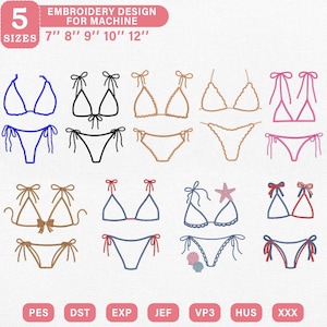 May include: An embroidery design for machine with various bikini styles in blue, black, tan, and pink. The design includes the text "EMBROIDERY DESIGN FOR MACHINE" and "SIZES 7" 8" 9" 10" 12"" at the top. The image also shows file types PES, DST, EXP, JEF, VP3, HUS, and XXX.