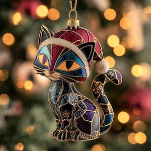 Stained Glass Cat Acrylic Ornament With Santa Hat, Colorful Christmas Keepsake For Cat Lovers, Whimsical Feline Holiday Decoration Gift