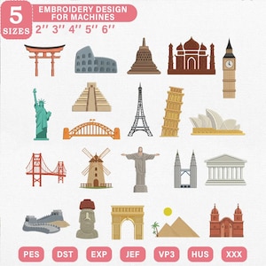 Könnte beinhalten: Eine Sammlung von 20 Maschinenstickmustern mit weltweiten Wahrzeichen wie dem Torii-Tor, dem Kolosseum, dem Taj Mahal, Big Ben, der Freiheitsstatue, dem Eiffelturm, dem Schiefen Turm von Pisa, dem Opernhaus von Sydney und Pyramiden.