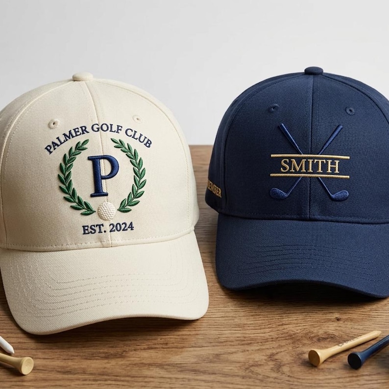 May include: Two baseball caps. One is cream-colored with "PALMER GOLF CLUB" embroidered above a "P" inside a laurel wreath, and "EST. 2024". The other is navy blue with "SMITH" and crossed golf clubs embroidered in gold.