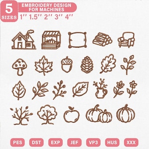 May include: A collection of brown outline embroidery designs for machines featuring a house, pumpkin stand, pillow, logs, chair, mushroom, leaves, acorn, pinecone, branches, vase, flowers, tree, apple, and pumpkins. Text includes 5 SIZES 1" 1.5" 2" 3" 4".