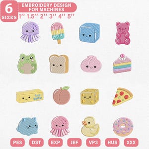 May include: A digital collection of sixteen kawaii-style machine embroidery designs featuring a purple jellyfish, popsicle, blue cube, pink gummy bear, green frog, bread slice, dumpling, rainbow cake, butter stick, peach, cheese, pizza slice, cat, pink jellyfish, duck, and donut.
