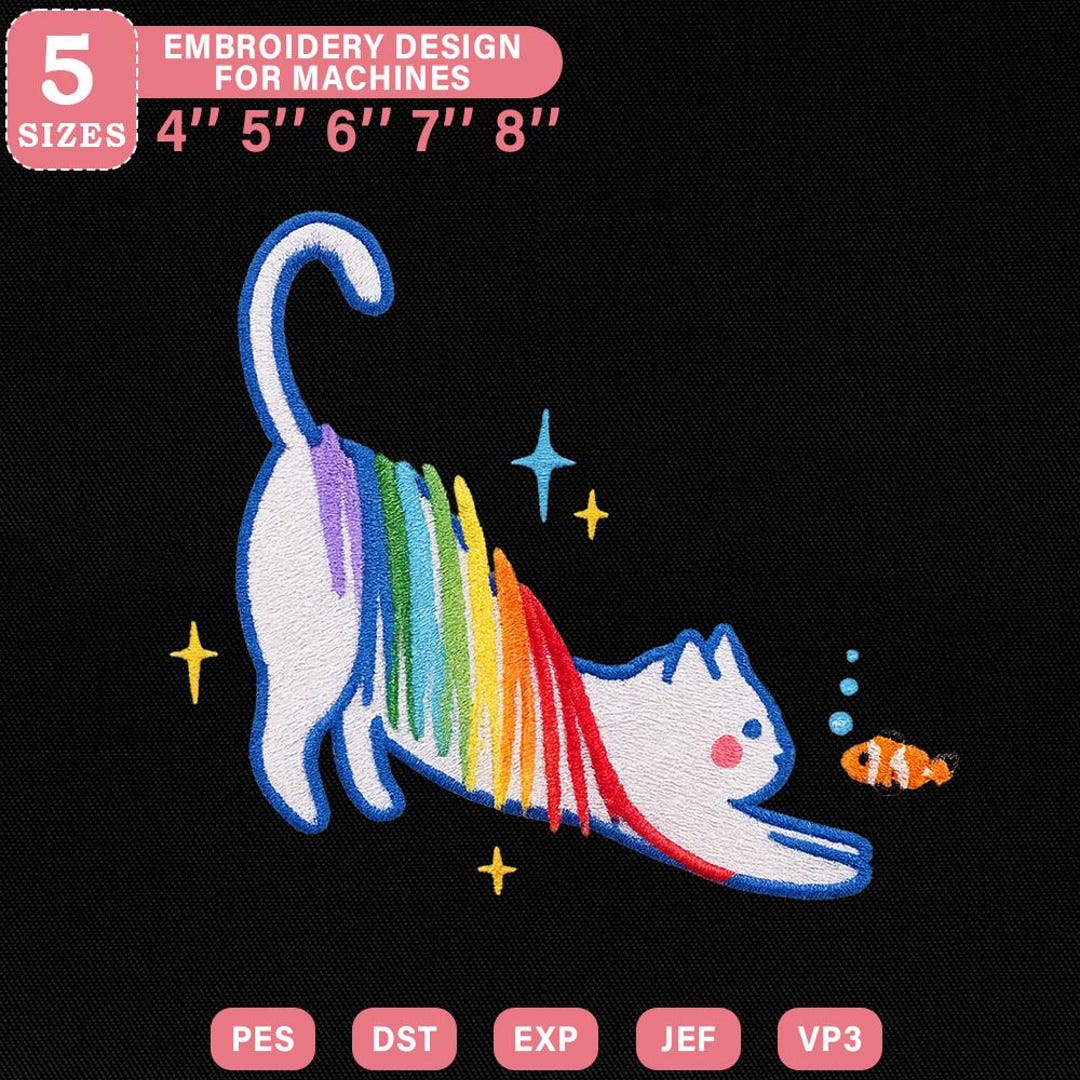 Rainbow Cat and Fish Embroidery Design, Playful Colorful Cat With Fish ...