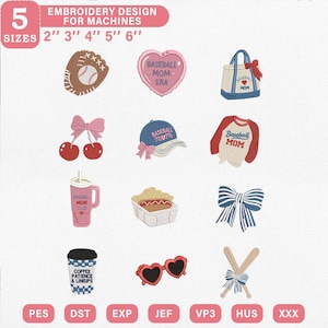 Preppy Baseball Embroidery Bundle | Aesthetic Game Day Digital File | Coquette Sports Bow Hot Dog Coffee PES JEF