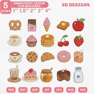 May include: A collection of 20 embroidery designs featuring various food items, including a pretzel, chocolate bar, ice cream cone, toast, apple, coffee cup, cupcake, pancakes, cherries, strawberry, cookie, croissant, donut, juice box, boba tea, cake, honey, and a milk bottle. The designs come in 5 sizes: 1", 1.5", 2", 3", and 4".