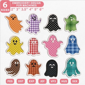 May include: A digital embroidery design set featuring eleven ghost figures in various patterns and colours, including polka dots, plaid, and gingham. The text at the top reads 6 SIZES 2" 3" 3.5" 4" 5" 6" EMBROIDERY DESIGN FOR MACHINES, with file formats listed below.
