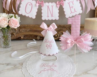 ITH First Birthday Set Applique Embroidery Design, Birthday Banner, Coquette Goose Teddy Bear Bib Hat Machine File Instant Download, Pes Dst