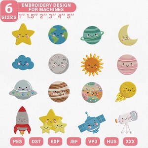 May include: A digital embroidery design set featuring 16 space-themed icons with smiling faces, including planets, stars, a rocket, a satellite, and a telescope. The text reads 6 SIZES 1" 1.5" 2" 3" 4" 5" EMBROIDERY DESIGN FOR MACHINES.