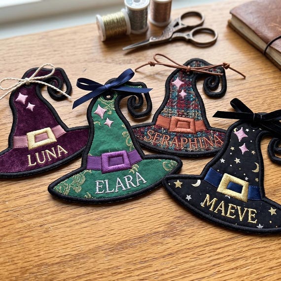 ITH Witch Hat Applique Machine Pattern, Halloween Ornament Gift Tag Spooky Bag Charm, Digital Download Pes Dst Jef Vp3