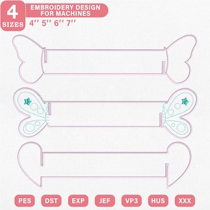 May include: Pink embroidery designs for machines, featuring butterfly and heart shapes. The image includes the text "EMBROIDERY DESIGN FOR MACHINES" and sizes 4", 5", 6", and 7". File formats include PES, DST, EXP, JEF, VP3, HUS, and XXX.