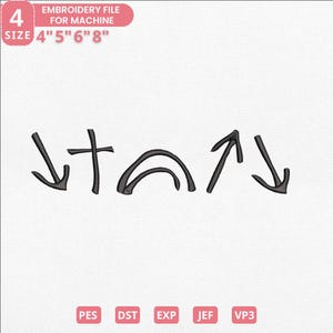 May include: Black embroidery design with a cross, arrows, and curved lines. The image includes the text "EMBROIDERY FILE FOR MACHINE" and size options of 4", 5", 6", and 8". File formats include PES, DST, EXP, JEF, and VP3.