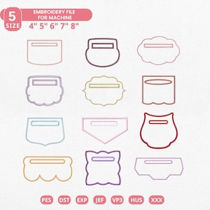 May include: An embroidery file for machine featuring 12 pocket designs in different colours. Sizes range from 10 cm to 20 cm. The text "EMBROIDERY FILE FOR MACHINE" is at the top. The file formats are PES, DST, EXP, JEF, VP3, HUS, and XXX.