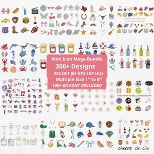 300+ Mini Icons Embroidery Bundle | Summer Cocktail, Coastal, Sports & Texas Rodeo, Y2K Machine Files