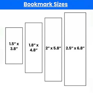 以下が含まれることがあります： さまざまなサイズの長方形のブックマークが4つ表示された画像。寸法は3.8cm x 9.7cm、4.6cm x 12.2cm、5.1cm x 14.7cm、6.4cm x 17.3cmと記載されています。「Bookmark Sizes」というテキストが青いバナーで上部に表示されています。